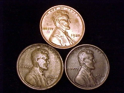 1920 AU/Unc, 1920-D Fine, & 1920-S F/VF Lincoln Cents, a (3) Three Coin Lot.