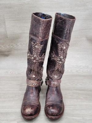 Vintage SENDRA Knee High Western Leather Belted With Big Cross Boots 9.5