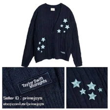 Taylor Swift Midnights Cardigan Stylish Knit Sweater with Star Design Navy Blue