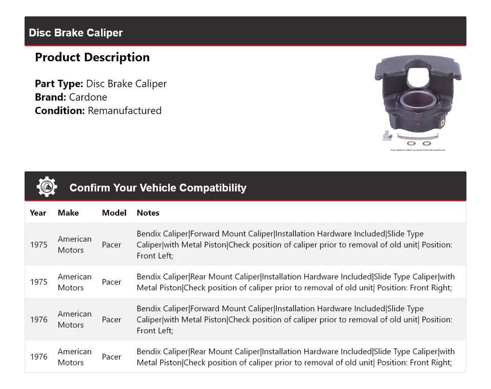 Para 1975-1976 American Motors Pacer Pinza de freno de disco Cardone Foto 2 de 4