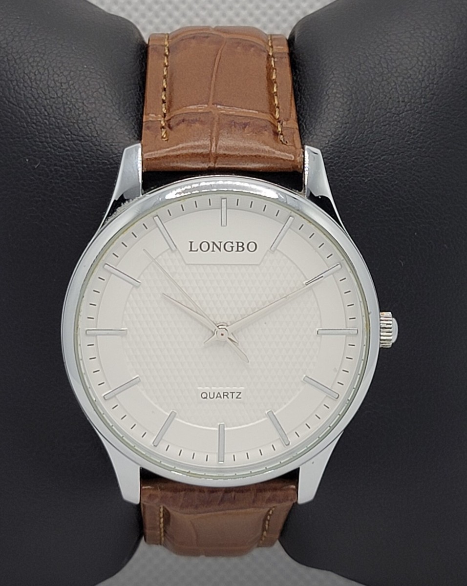 Mens Longbo Classic Round Silver Tone Brown Leather Strap Analog