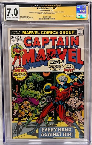 Captain Marvel #25 (1973) CGC 7.0 - Signed 2X Starlin AND Thomas!! Thanos - Hulk