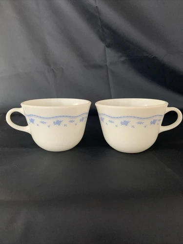 Vintage Pyrex Milk Glass Morning Blue Floral Coffee Tea Cup Set Of 2 by Corning