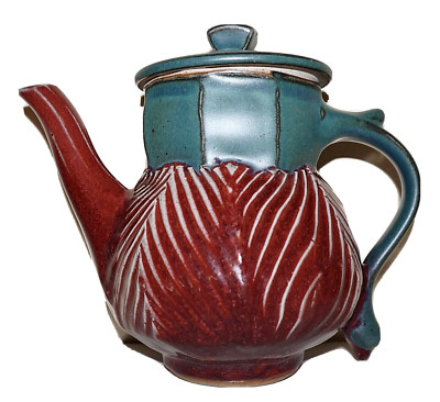 Vintage ARTISAN CRAFTED Aegean Blue & Deep Red Glazed Pottery Tea Pot
