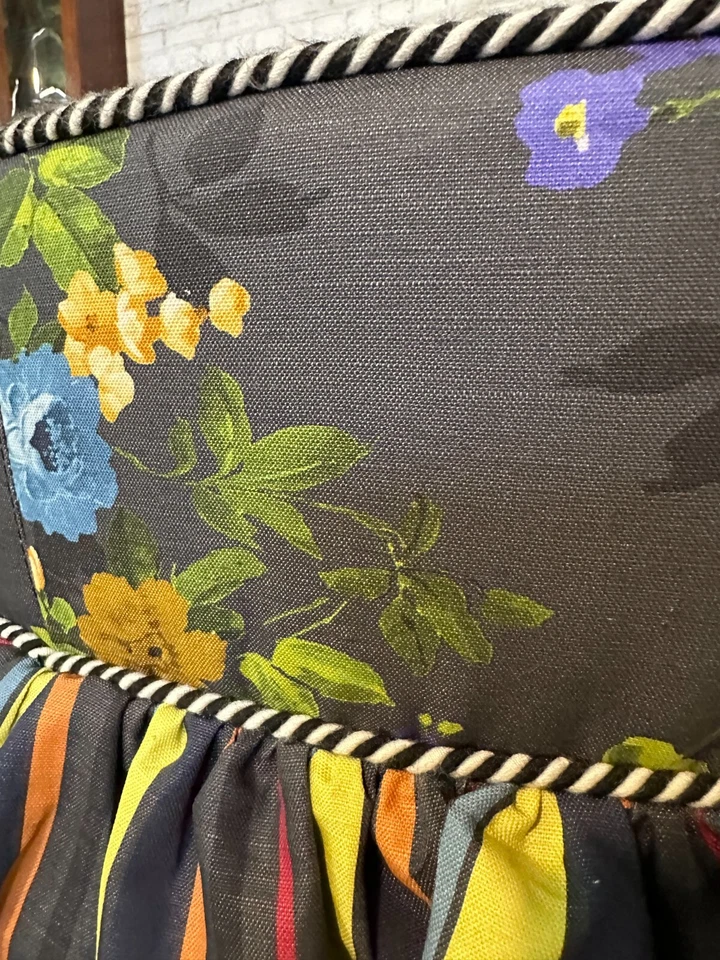 Mackenzie Childs Floral Print 37" Round Ottoman With Striped Skirt and Piping - Image 4 of 4