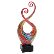 Hand Made glass art sculpture Swirls Multicolor Blown Glass With Wooden Base 14"