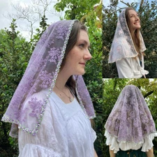 D Shape Infinity Lilac Pink Mantilla Veils For Church Women Catholic Floral Trim