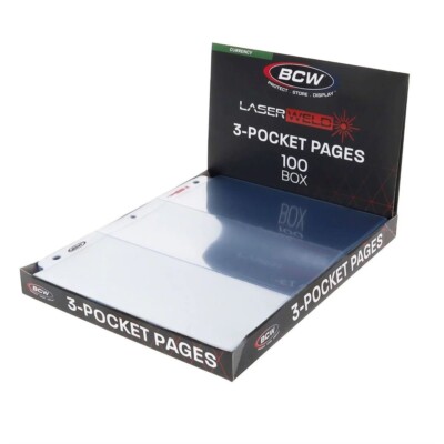 BCW LaserWeld 3-Pocket US Currency Dollar Pages Large Bill Size Box of 100