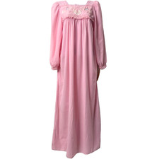 Vintage Nylon Fleece Nightie M Night Gown Long Dress Embroidery Lace Pink Floral