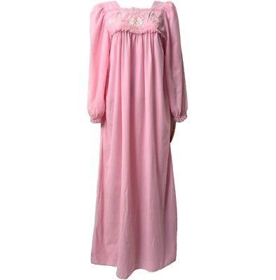 nylon night dress for ladies Vintage Nylon Fleece Nightie M Night Gown Long Dress Embroidery Lace Pink  Floral