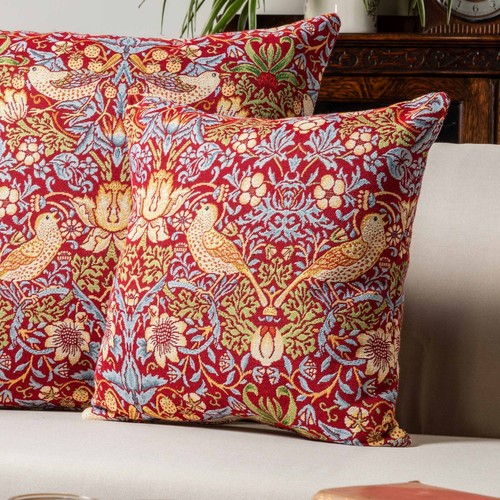 William Morris Vintage Strawberry Thief Tapestry Extra-Large Cushion in Red. - Picture 3 of 4