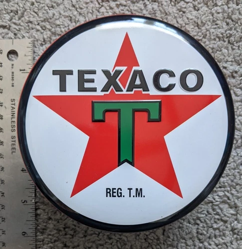 VTG NEW 2000 TEXACO STAR CIRCLE LOGO GAS GLOBE 6" METAL TIN W/LID CONTAINER RED