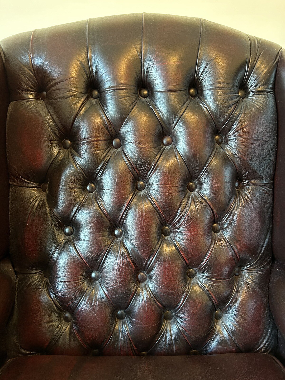 Pair Of Vintage Ox Blood Queen Anne Chesterfield Wing Back Leather