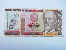 Peru 1991 5000000 Intis Banknote Schein sch&ouml;ner knackiger Zustand