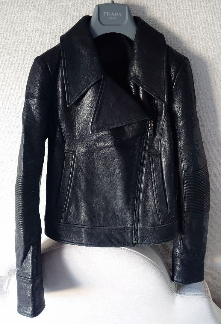 USED PRADA LAMBSKIN LEATHER RIDER JACKET, RARE, BLACK, GENUINE LEATHER, SIZE 3 image 2