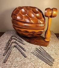 Mid Century LARGE Walnut Shaped 12" Nut Bowl w/ Hammer 4 Nut Crackers  8 Picks