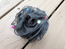 Vintage 80s or 90s Black Fabric Flower Hair Clip Barrette w/ Rhinestones