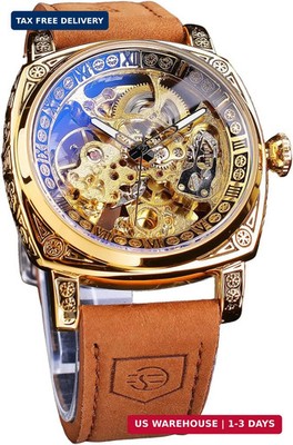FORSINING Men Square Skeleton Mechanical Watch Self Winding Retro Luxury Watch