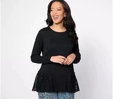 LOGO Lori Goldstein Scoop Neck Knit Top with Crochet Lace-Black-Small-A644345