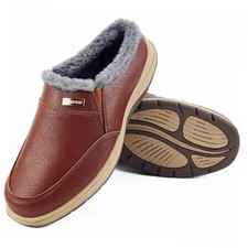 Mens Leather Slippers with Plush Lining, Slip On Mules  Clogs 8.5 Dark Brown