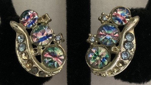 Vintage Silver Plate Iris Glass & Blue Rhinestone Earrings-Marked STAR-Screwback - 第 7/7 張圖片