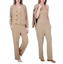 Live 2 Lounge Women's 3-Piece Cable Knit Textured Lounge Set, Tan, Size XL