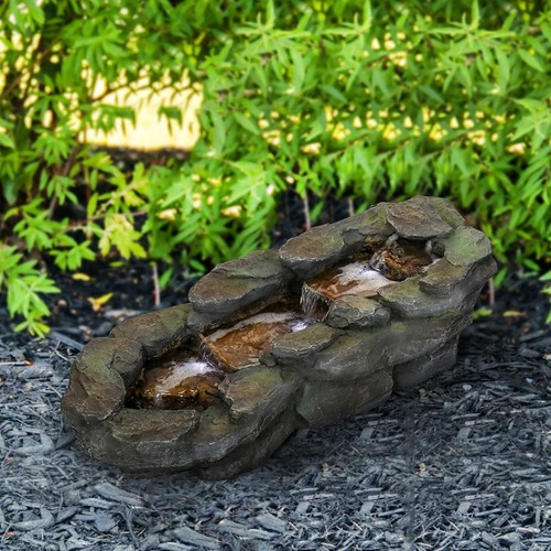 Cascading Outdoor Water Feature – Resin Tiered Fountain w/LED Lights for Garden