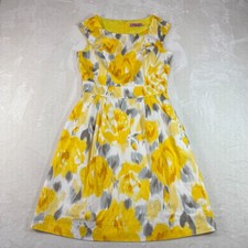Eliza J Floral A-Line Yellow Gray Dress Sleeveless Womens 6 Pockets Watercolor 