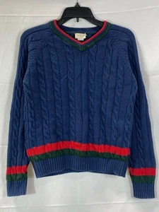 Pull enfant Gucci bleu maille câble col V bordure rayée taille 12