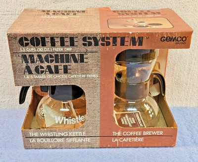 Vintage 70er Gemco The Whistle Kaffeesystem Neu in Box MCM Glas Brüher Wasserkocher