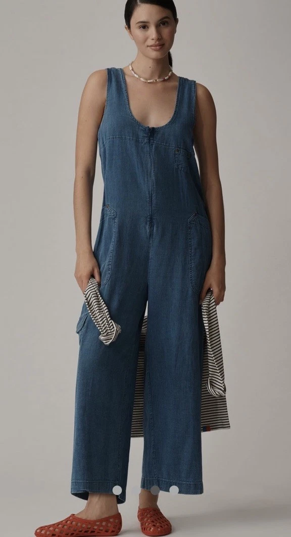 NWT $168 Pilcro Anthropologie L Zip Front Blue Cotton Wide Leg Overalls Cargo