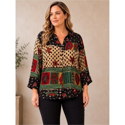 Patch Work Artsy Chic Box's Shape Vintage GOSSIP 22W Button-Up Blouse
