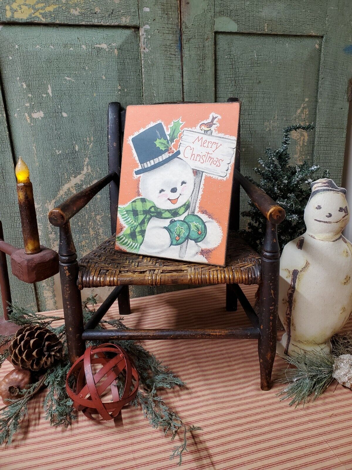 OLD VINTAGE MODERN RETRO STYLE ADORABLE JOLLY SNOWMAN WITH MERRY CHRISTMAS SIGN