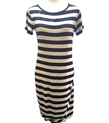 Loveappella Zola Dress Women s Large Blue White Striped Asymmetrical Faux Wrap