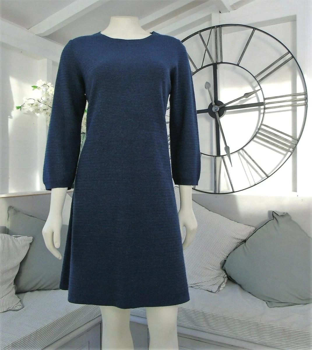 Fat Face Simone Textured Blue Knit Skater Jumper Dress with 3 4