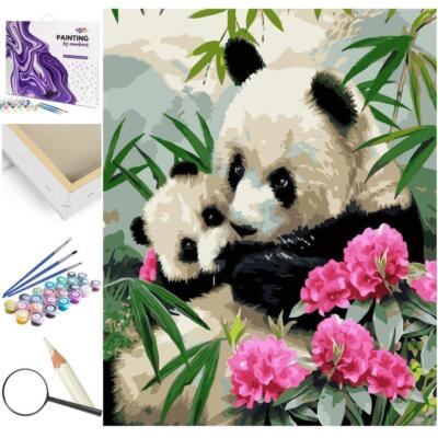Malen nach Zahlen Holzrahmen Panda - Mutter mit Kind in Blumen