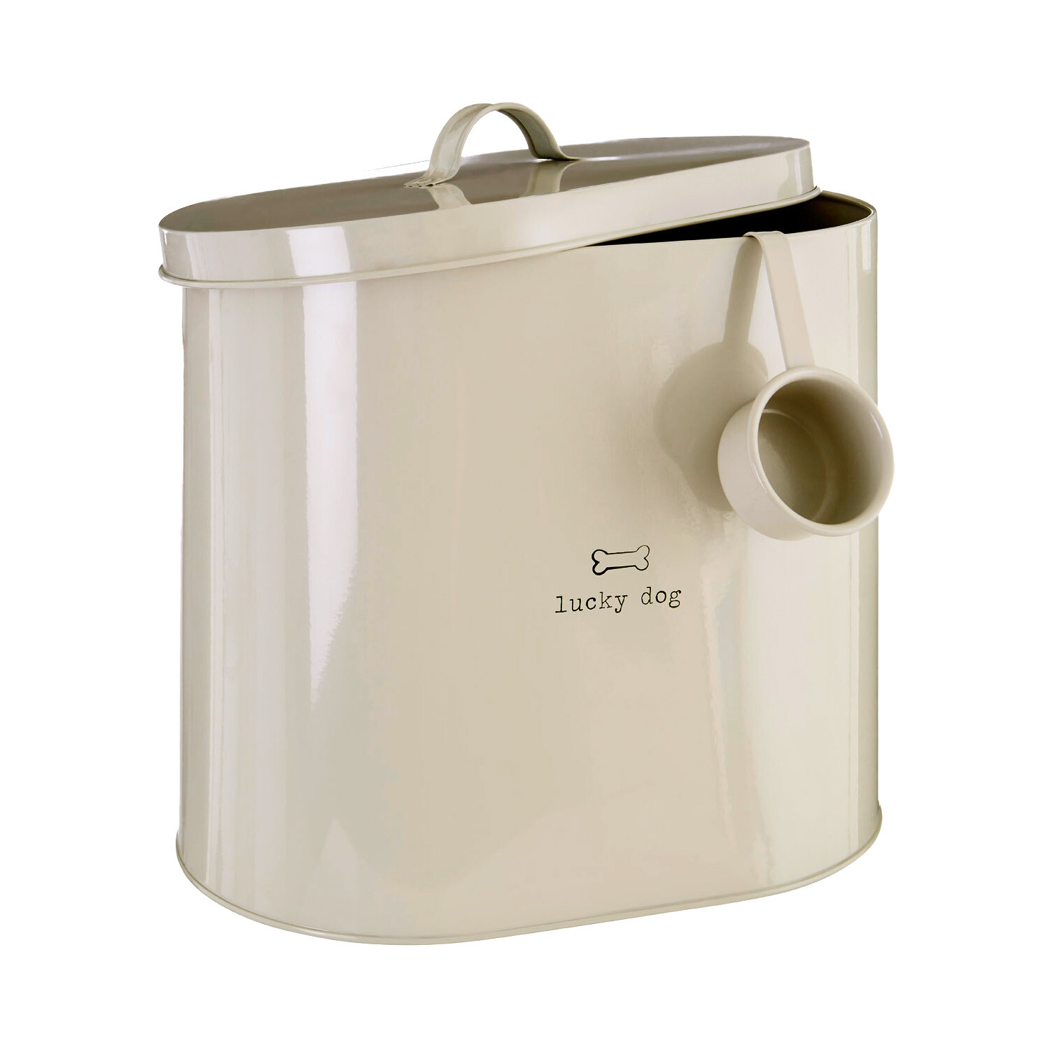 Pet Food Storage Tin Beige 12L Lucky Dog Animal Snacks Canister Container Bin