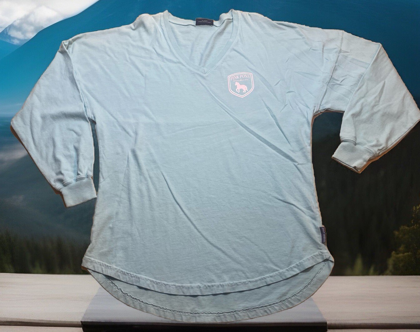 Maglia Spirit rosa pony up camicia manica lunga piccola nuova Mackinac Michigan scollo a v