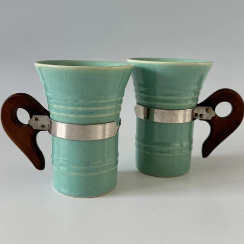 Set/2 Vtg Pacific Pottery Hostessware Mugs Cups Aqua Wood Handle & Metal Band