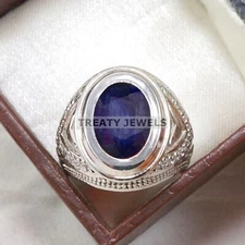 Blue Sapphire Oval Cut Gemstone With 925 Sterling Silver Ring For Men's #B614