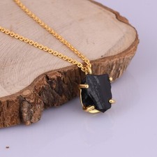 Raw Black Onyx 18k Gold Plated Necklace Sterling Silver Pendant Jewelry Gift