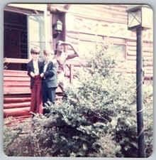 Vtg Color Snapshot Dressed Up Boys Suits Red Bellbottoms Log Cabin Statue 1970s