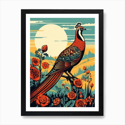Vintage Vogel Linolschnitt Fasan 2 Kunst gerahmt Wandbild Poster Leinwanddruck Bild