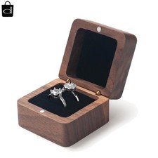 Wooden Ring Box for Wedding Ceremony 2 Slots,Small Square Solid Wood Double Ring