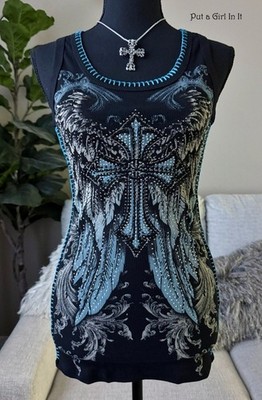 Vocal Women's Plus Size Crystal Black Whipstitch Wings Cross Tank Top 1X 2X 3X