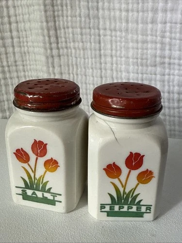 1950s Vintage Fire King Tulip Salt & Pepper Shakers Milk Glass Uranium Kitchen