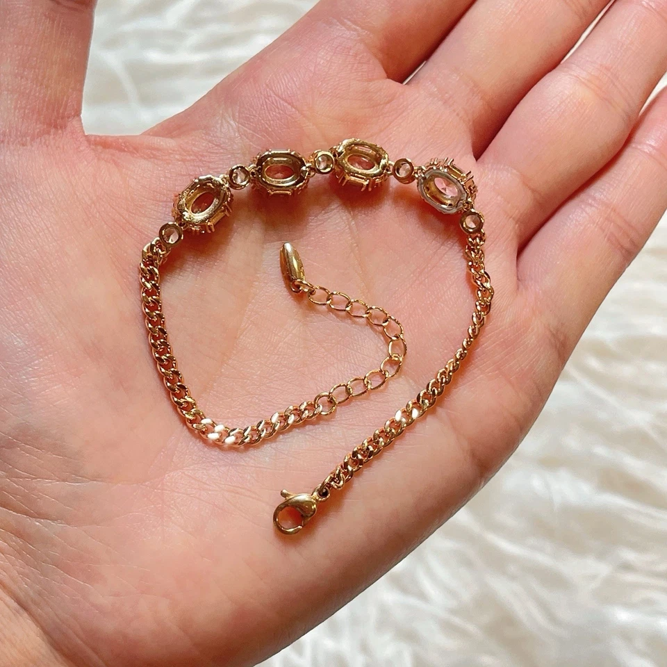 Brazalete Tenis Chapado en Oro Rosa Cristal Rosa con Eslabón Ajustable Foto 3 de 4