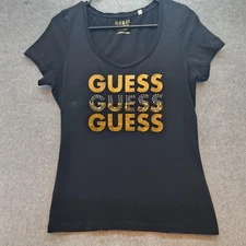 Guess Shirt Womens Extra Small Black Gold Sequin Logo Tee Short Sleeve Top XS