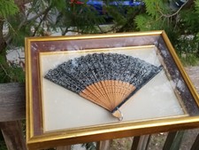 VINTAGE FRAMED CHINESE FOLDING PAINTED WOODEN HAND FAN 14 1/4 X 11 1/8