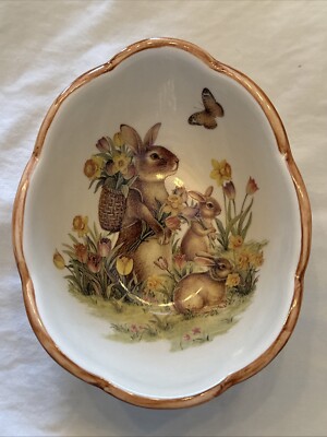 Easter Traditions By Cracker Barrel Egg Shaped Bowl Trinket Dish Spring Bunnies